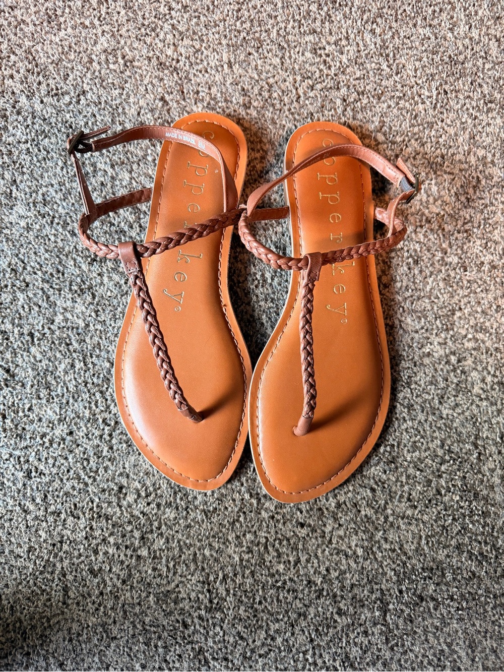 Copper Key Tan Braided T-Strap Sandals